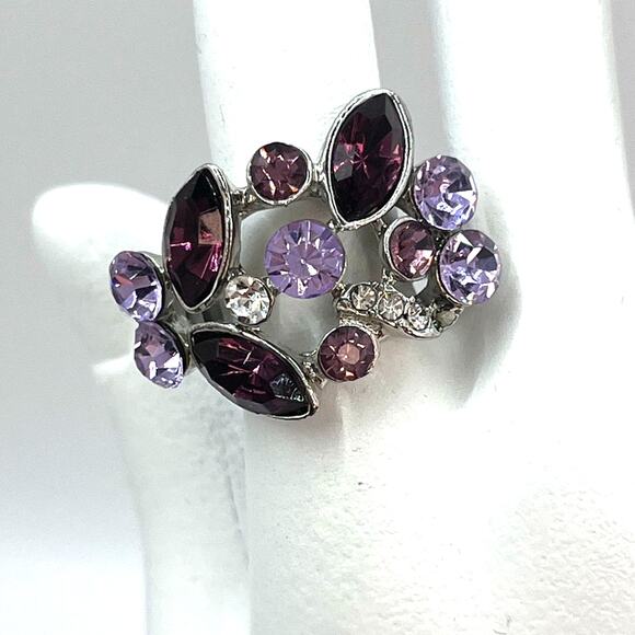 Unbranded Jewelry - Pink and Purple Crystal Silver Tone Fashion Statement Cocktail Ring Size 6.5